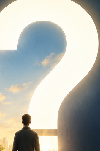 Silhouette d'une personne franchissant une porte en forme de point d'interrogation, symbole de la bonne question qui change tout